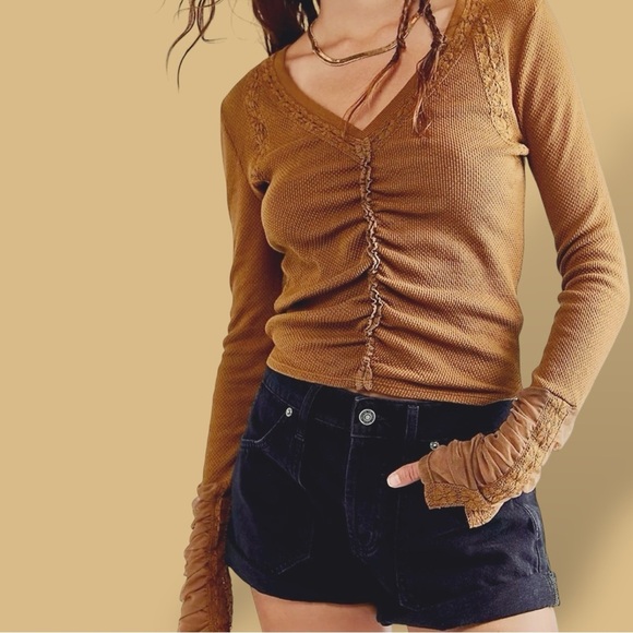 NWOT Free People ‘Wear Me Out’ Thermal Mesh Lace Cuff Sleeve Top in “Olive Leaf” - Picture 2 of 16